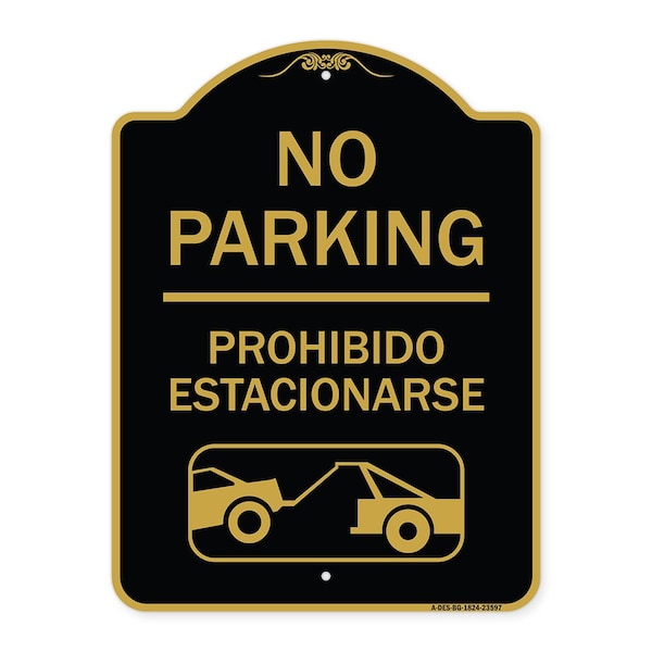 No Parking Prohibido Estacionarse W/ Car Tow Graphic, Black & Gold Alum, 18" x 24", BG-1824-23597